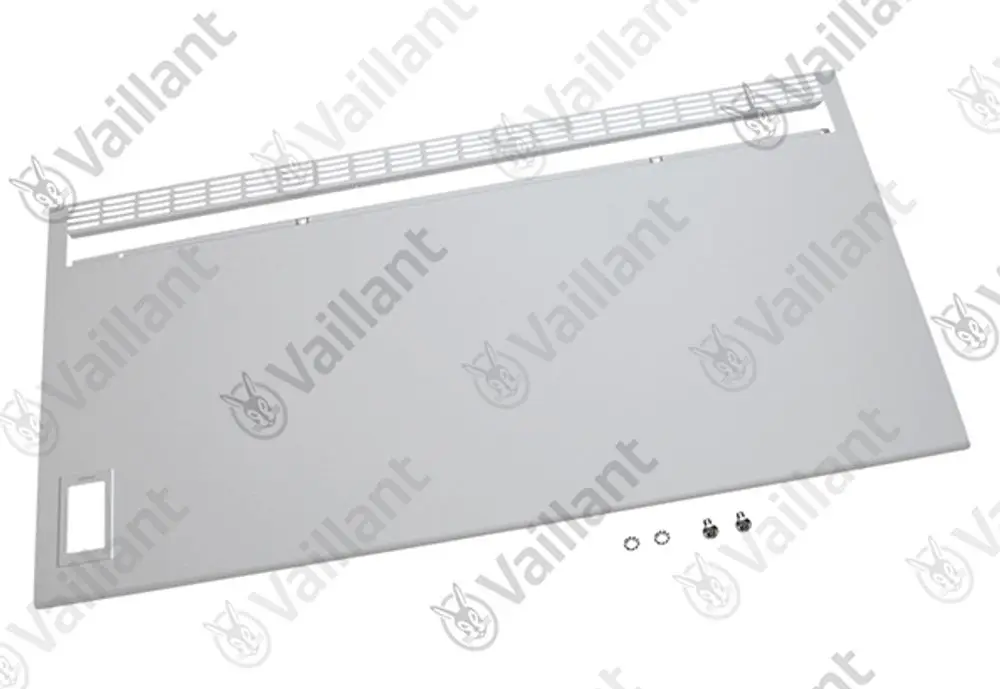 Vaillant Frontblech in grau mit Lüftungsschlitzen und Öffnung für Zugang. Im Vordergrund sind Befestigungselemente sichtbar.